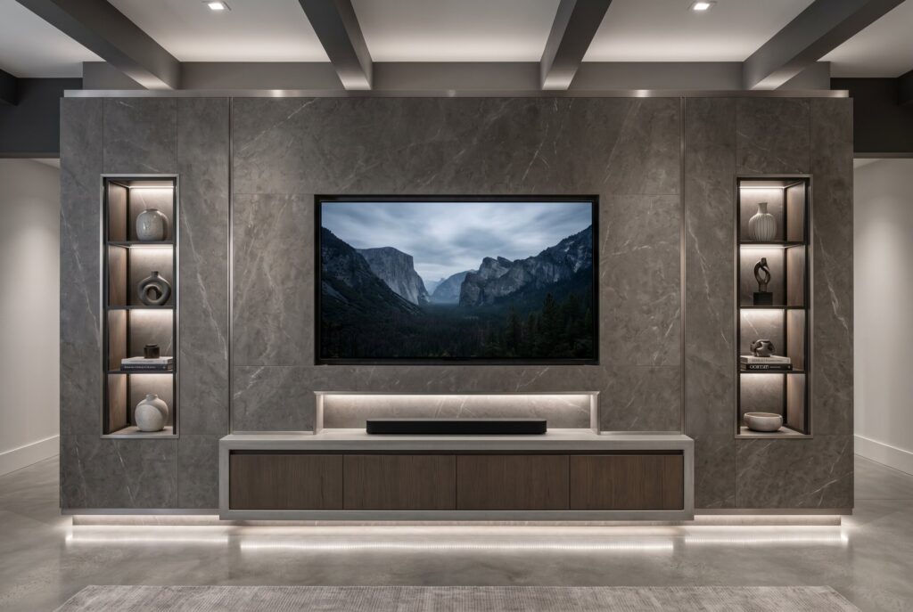 Monolithic TV wall with recessed display and illuminated shelving in modern basement.