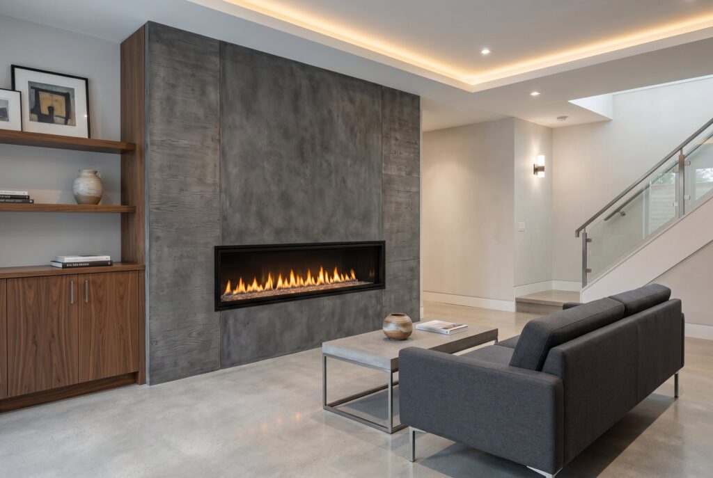 Linear ribbon fireplace feature wall in contemporary basement living area.