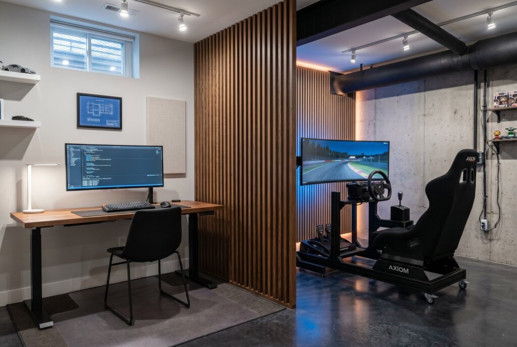 Hybrid home office and racing simulator separated by walnut slat room divider.