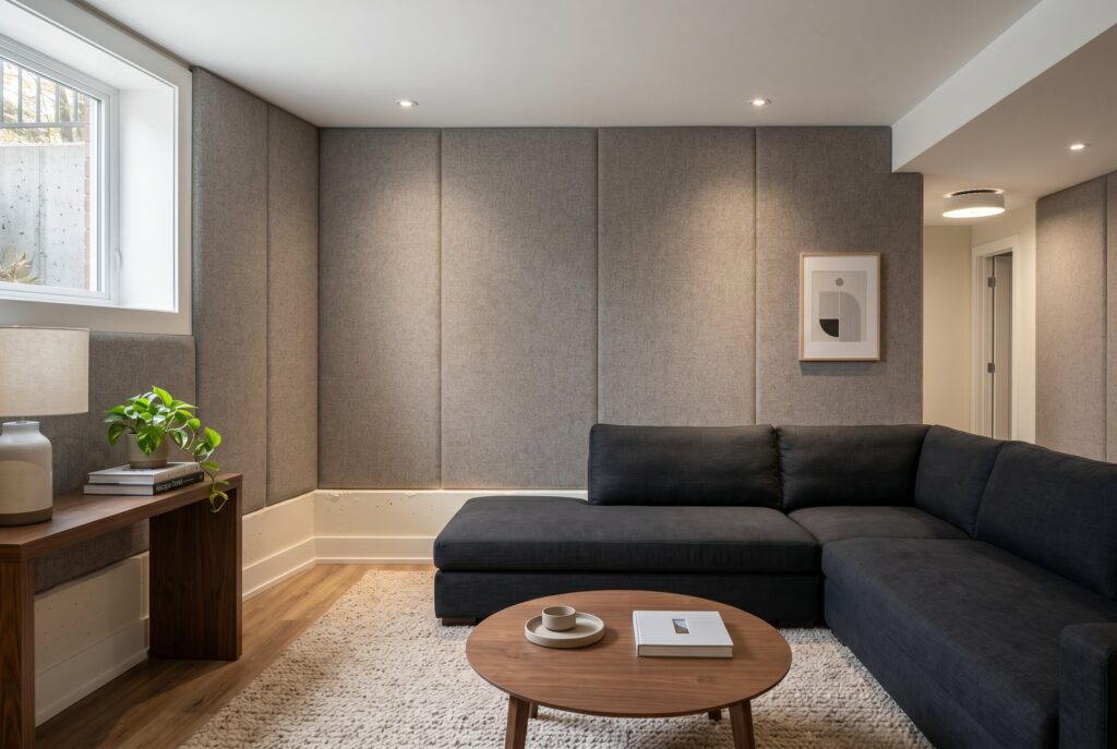 Fabric covered wall panels behind large sectional sofa in cozy basement lounge. 