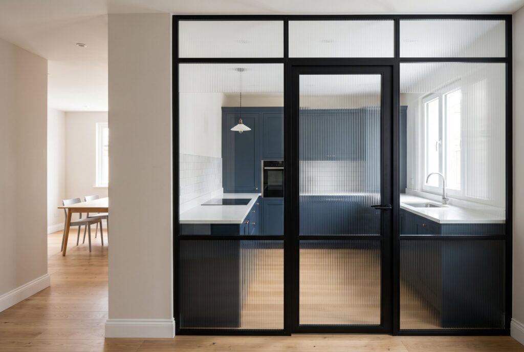 Fluted glass pocket doors with black frames enclosing a modern kitchen space.