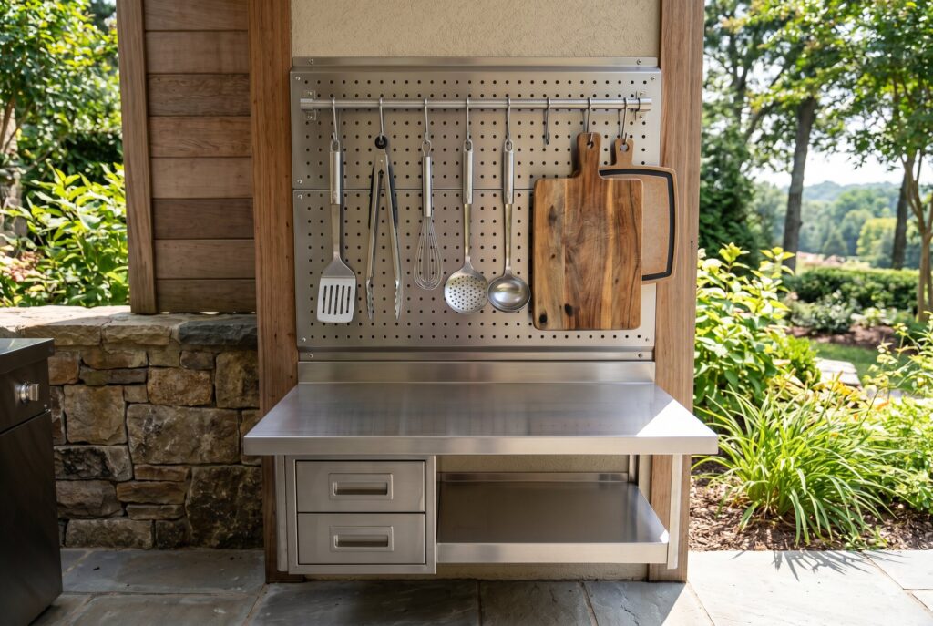 Wall hanging outdoor kitchen with stainless pegboard, tool storage, and prep counter.