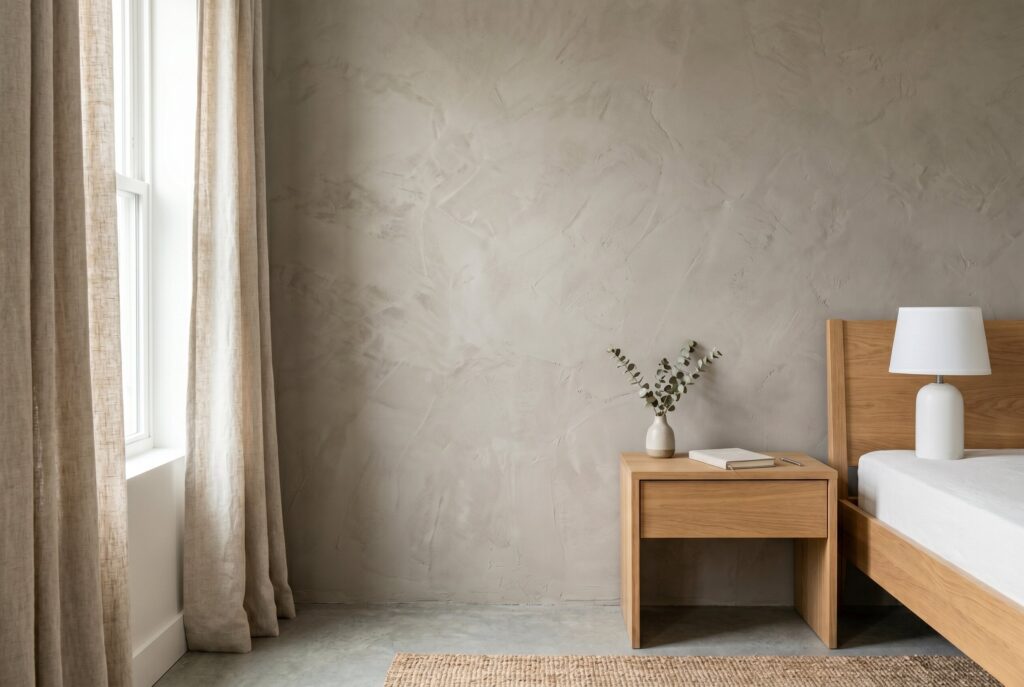 Roman clay textured wall in neutral bedroom with linen curtains and oak furniture.