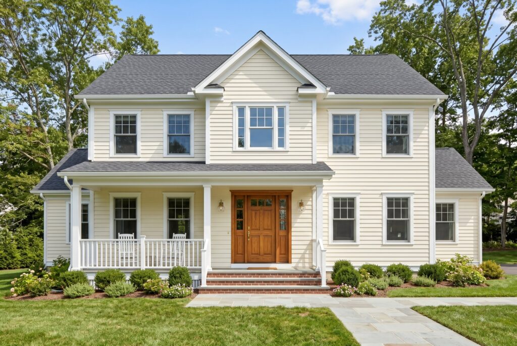 Warm cream exterior house with white trim, black roof, and natural oak double front door.