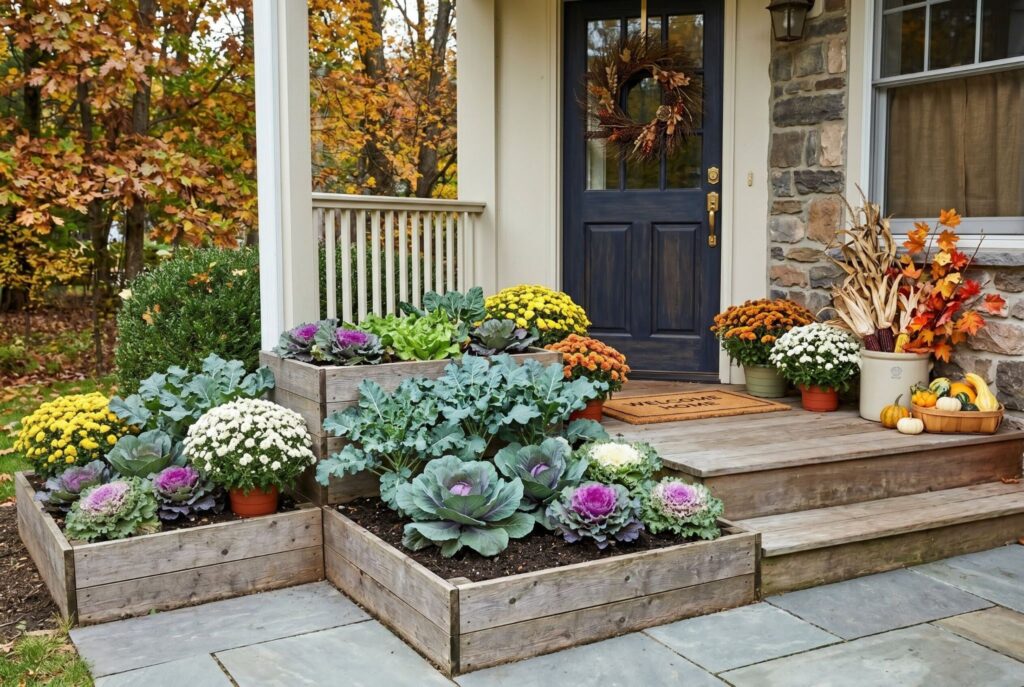 Fall porch planters with cabbage, mums, and pumpkins in raised garden beds.