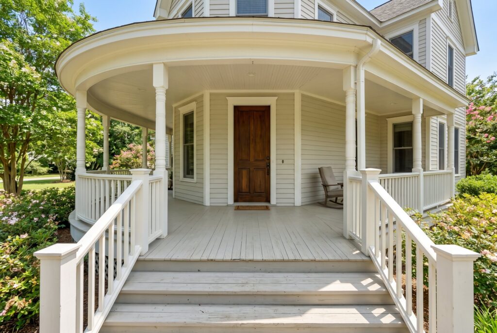 Unobstructed front porch flow zone with wide steps and clear entry pathway. 