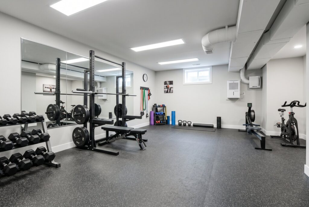 Rubber floored home gym with weight rack, mirrors, and bright functional lighting.