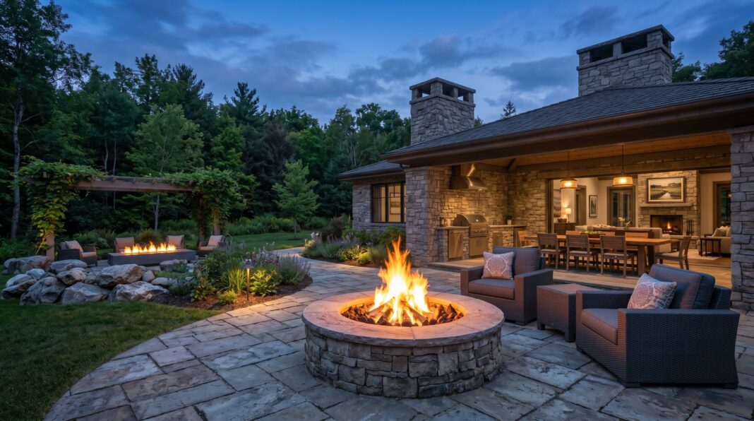 Backyard fire pit landscaping with circular stone patio, lounge seating, and warm evening ambiance.