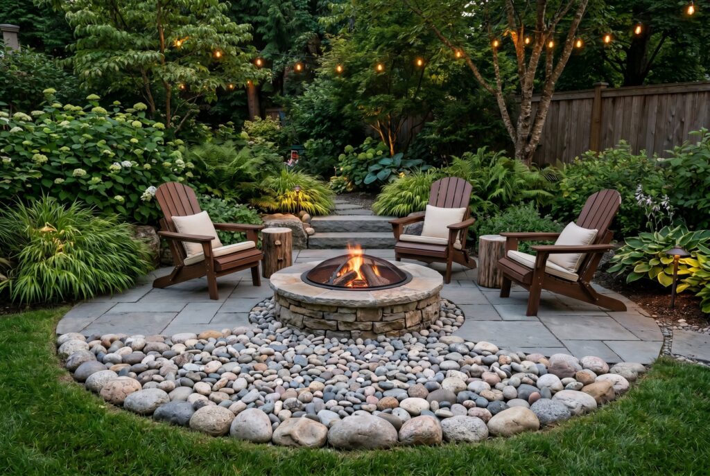 River rock fire pit ring with Adirondack chairs and lush backyard garden landscaping.