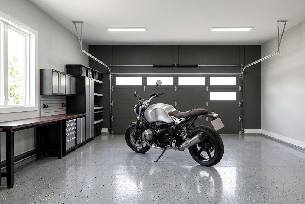 A garage with a Sherwin Williams Iron Ore dark charcoal accent wall around the garage doors, featuring a silver motorcycle and black cabinets on light gray side walls.