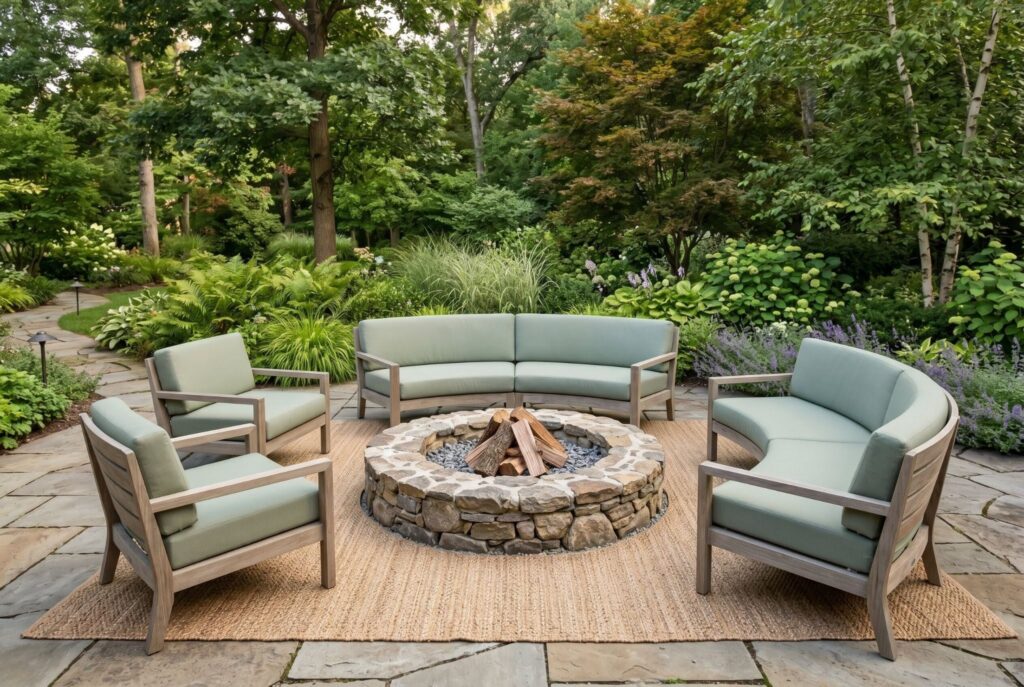 Sage green outdoor lounge surrounding flush stone fire ring in landscaped garden.