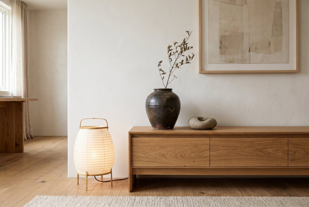 Minimalist corner with a low wooden console, dark ceramic vase with a branch, and paper floor lamp.