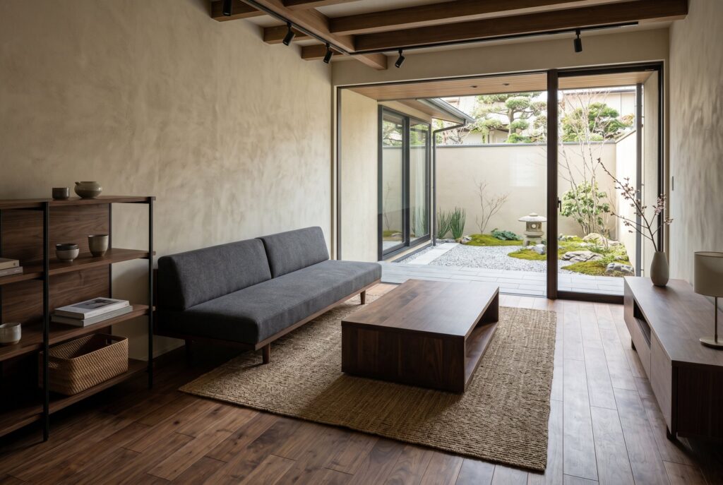 A dark Japandi living room utilizing rich walnut and charcoal tones, featuring a dark sofa, a dark wood coffee table, and an open view to an outdoor courtyard.