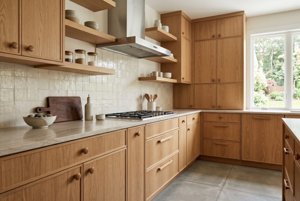 Organic modern kitchen with matching wood pulls, oak cabinetry, and integrated storage.
