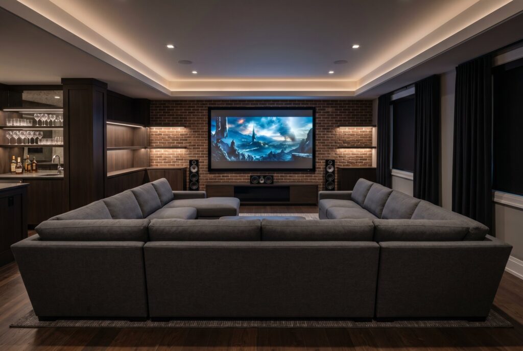 A cinematic entertainment hub with a large grey U-shaped sectional sofa facing a large media screen against a brick wall in a dimly lit room.