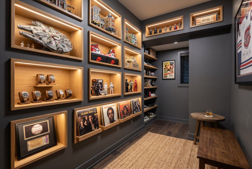 Vertical collector display wall with illuminated niches showcasing memorabilia and collectibles.