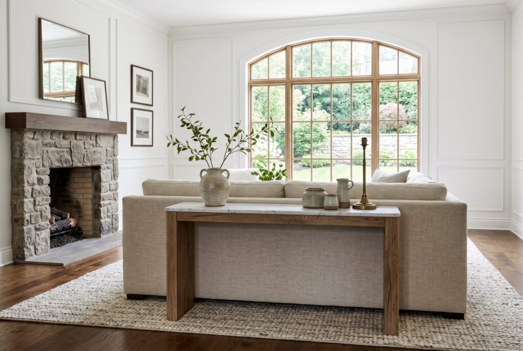 Transitional living room layered with wool rugs, natural wood, and textured furnishings.