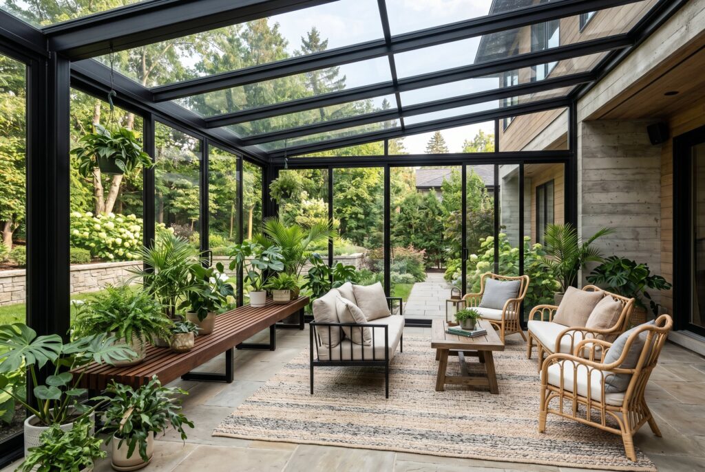 Steel and glass solarium patio enclosure with lounge furniture and greenhouse inspired design. 