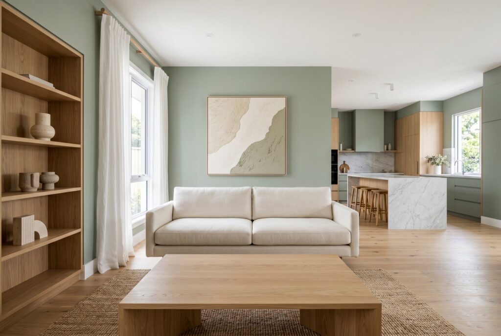 Muted sage living room with cream sofa, oak shelving, and soft natural textures. 