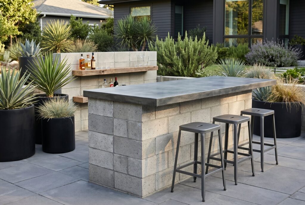 Modern concrete block outdoor bar with minimalist design and drought tolerant landscaping.