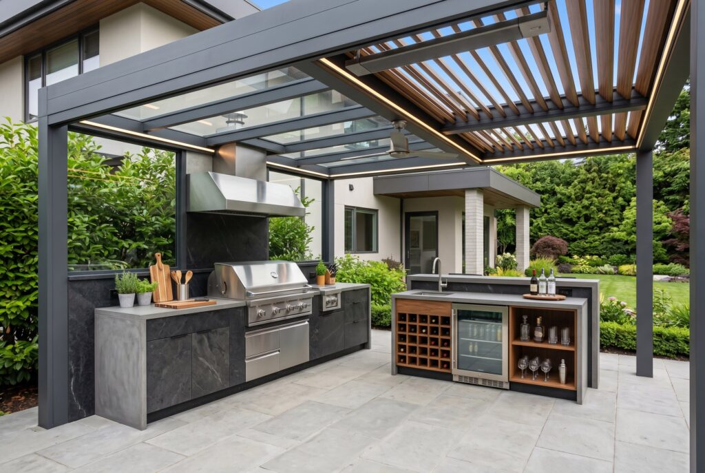 Outdoor kitchen and bar enclosure with patio roof, grill station, and entertaining area. 