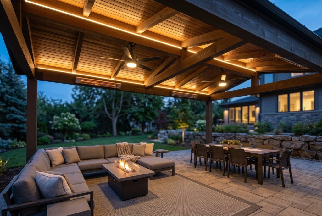 Integrated LED lighting and ceiling heaters beneath luxury covered patio roof. 