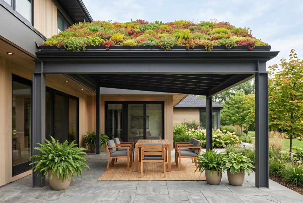 Living green sedum roof patio cover with modern outdoor dining and eco friendly design. 