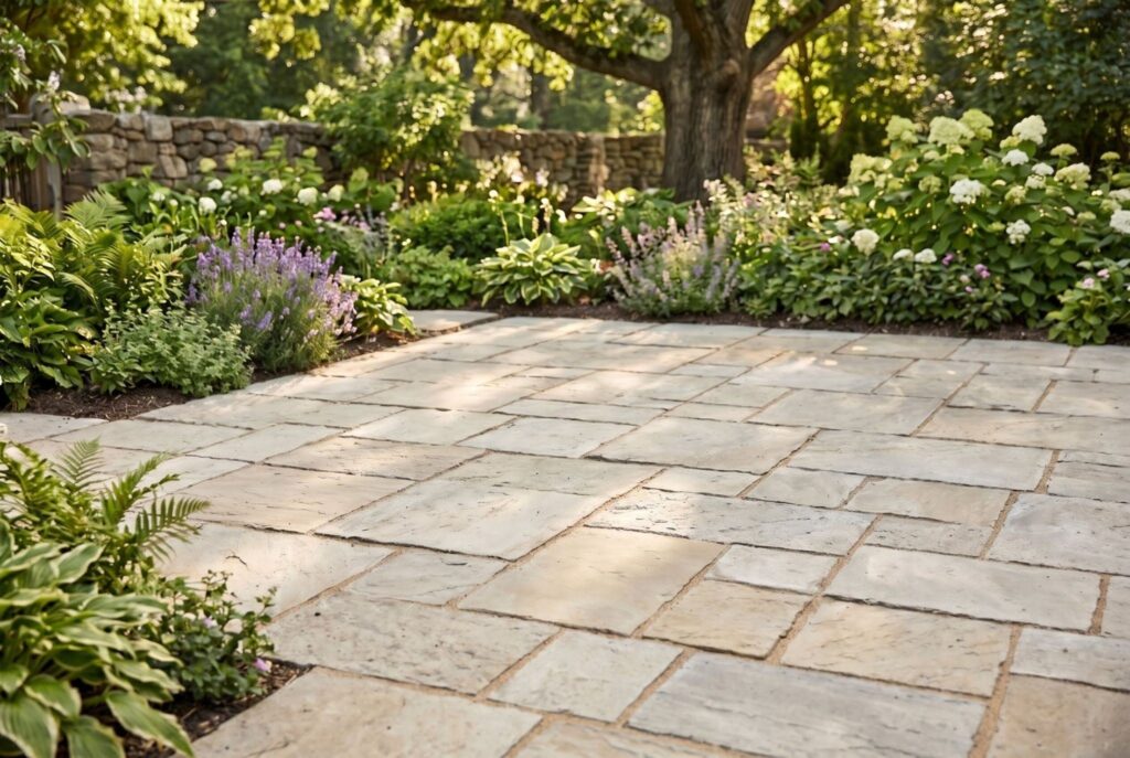 Polymeric sand filled patio pavers with clean joints and low maintenance hardscape design. 