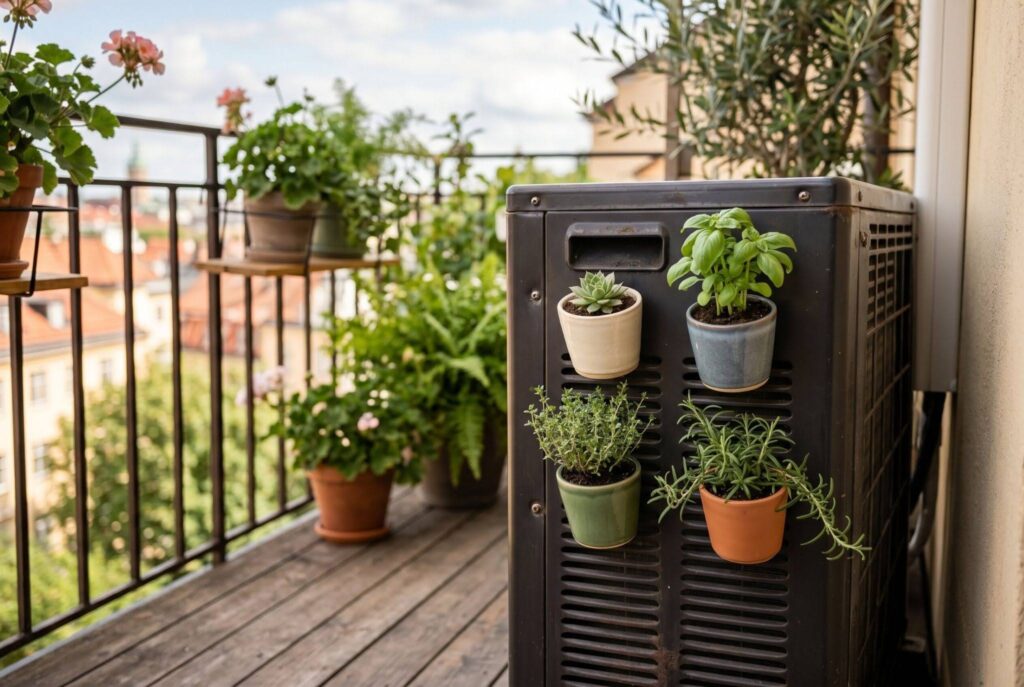 Magnetic herb pots attached to balcony AC unit creating compact garden space. 