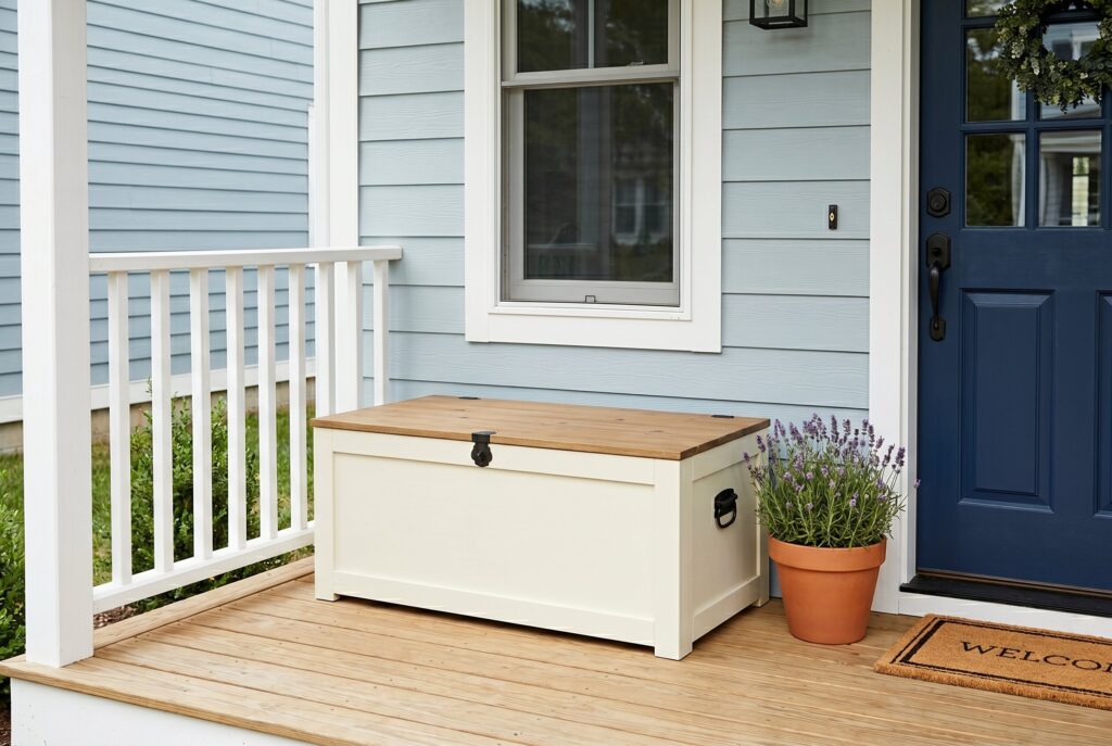 Multi functional storage trunk on small porch with hidden storage and seating.