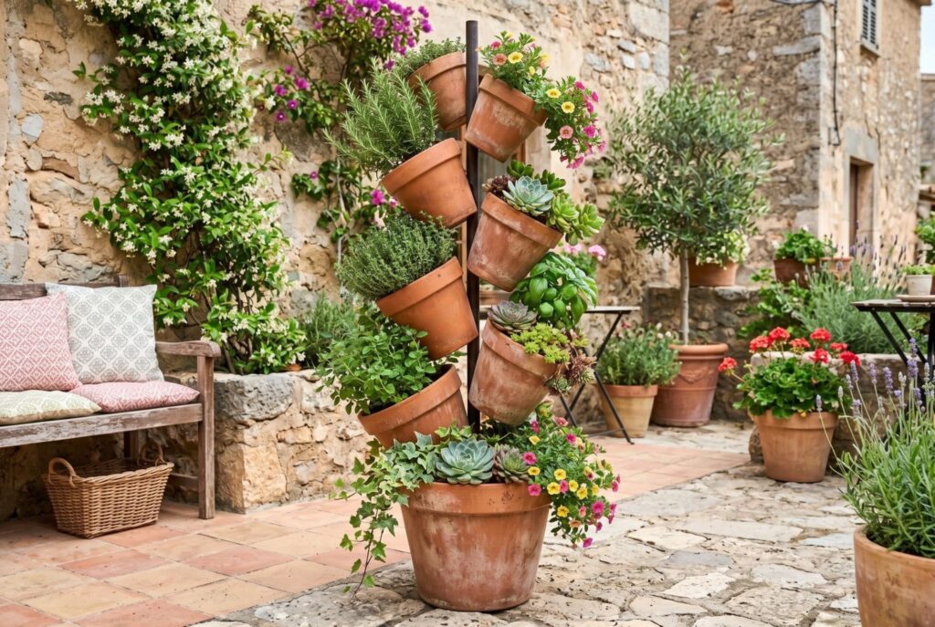 Stacked terracotta pot tower with herbs and trailing flowers in Mediterranean patio. 