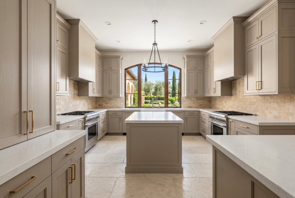 Updated kitchen with warm greige cabinets, light countertops, and a large arched window above the sink.