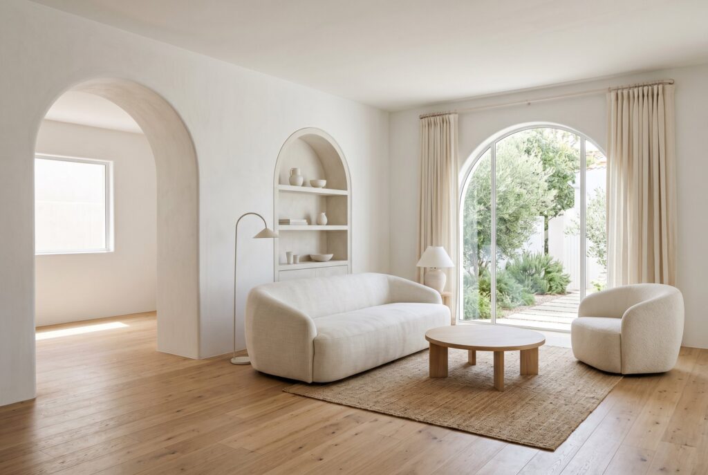 White built-in shelving with warm lighting, fireplace, and neutral decorative objects.