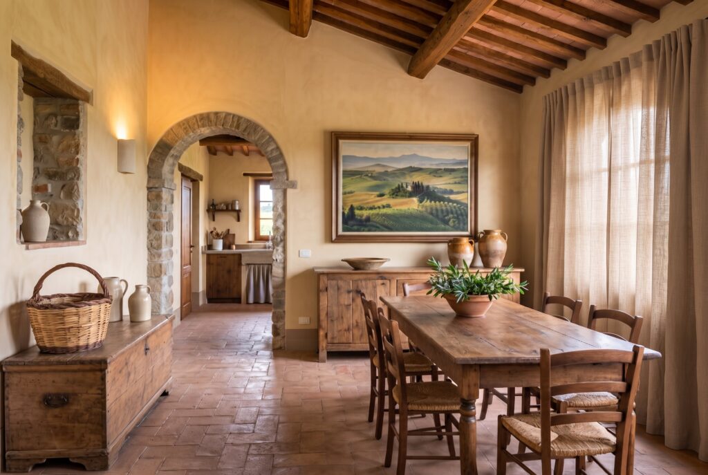 Dining area with landscape art, handmade ceramics, and a woven basket on a wooden chest, avoiding vineyard-themed decor. 