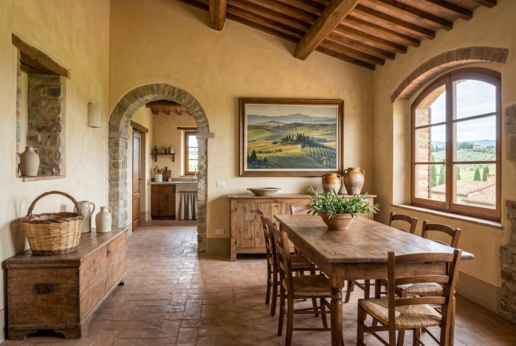 Dining area with landscape art, handmade ceramics, and a woven basket on a wooden chest, avoiding vineyard-themed decor.