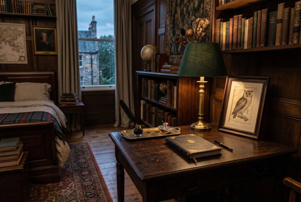 Serious writing desk setup with green banker lamp, framed art, and walnut furniture. 