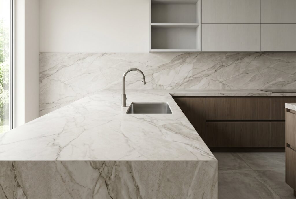 Matte quartz countertop with waterfall peninsula and minimalist taupe cabinetry.