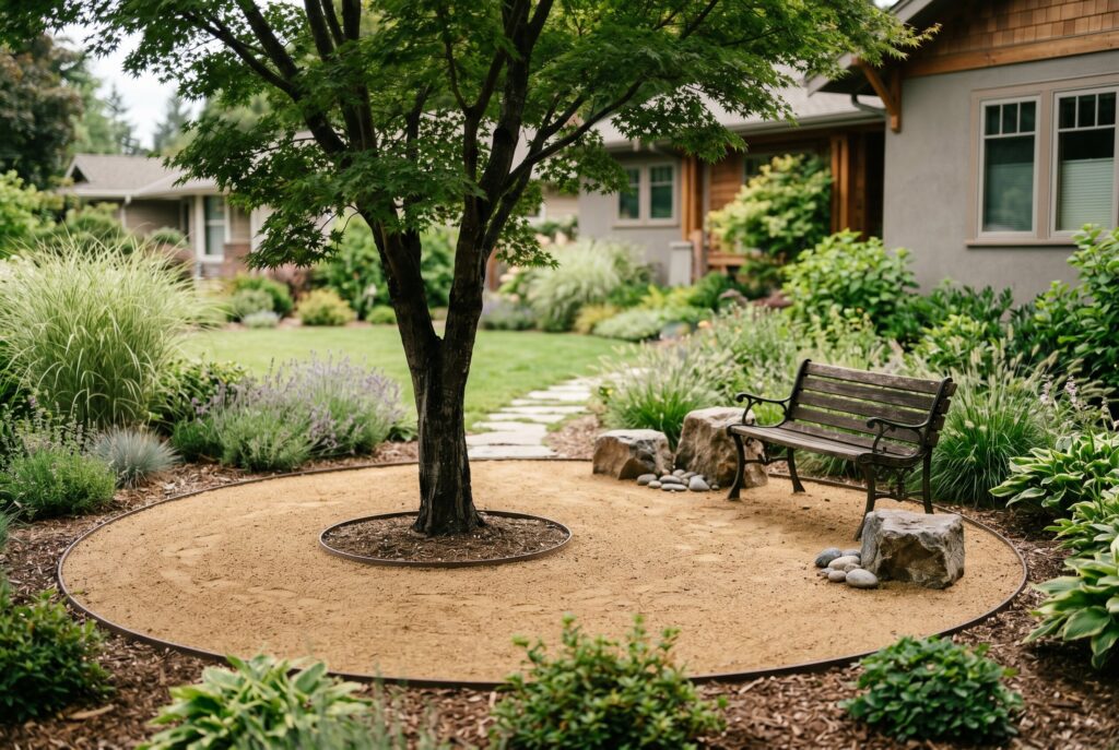 Decomposed granite circle around tree with bench seating and modern front yard design. 
