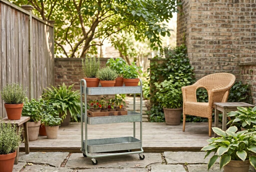 Rolling tiered garden cart with herbs and potted plants on small patio. 