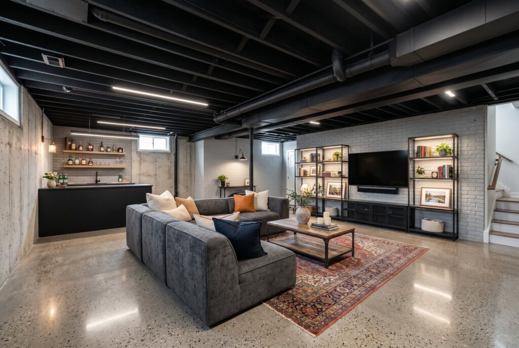 Industrial basement with black exposed ceiling, polished concrete floors, and large sectional.
