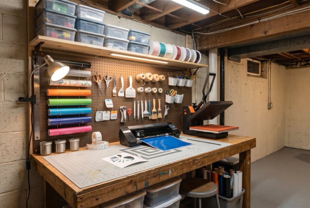 Basement craft zone with pegboard storage, worktable, and organized hobby supplies.