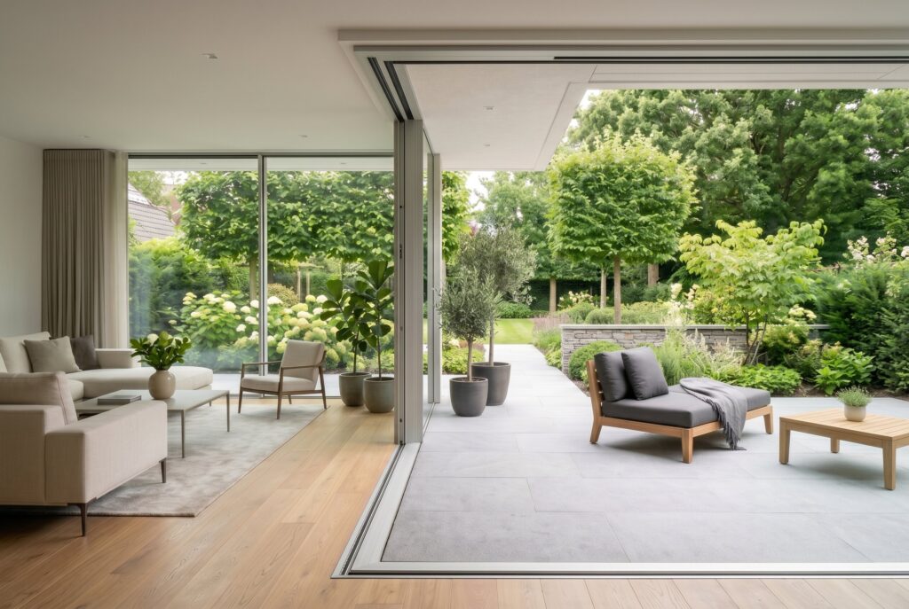 Flush glass wall opening with seamless indoor outdoor living and modern patio design.