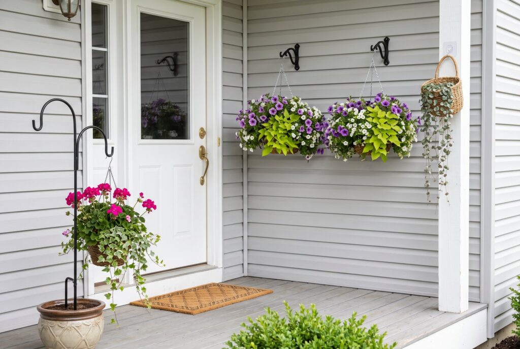 Damage free hanging flower baskets on small front porch with vertical greenery.