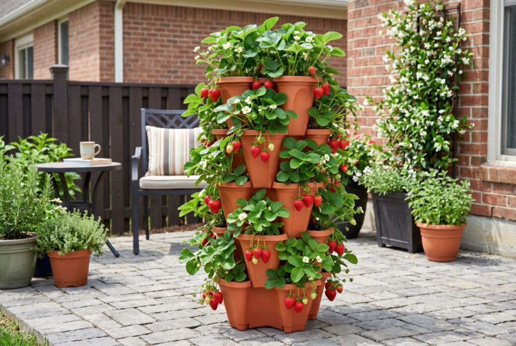 Vertical strawberry tower planter producing fruit in a compact patio footprint. 