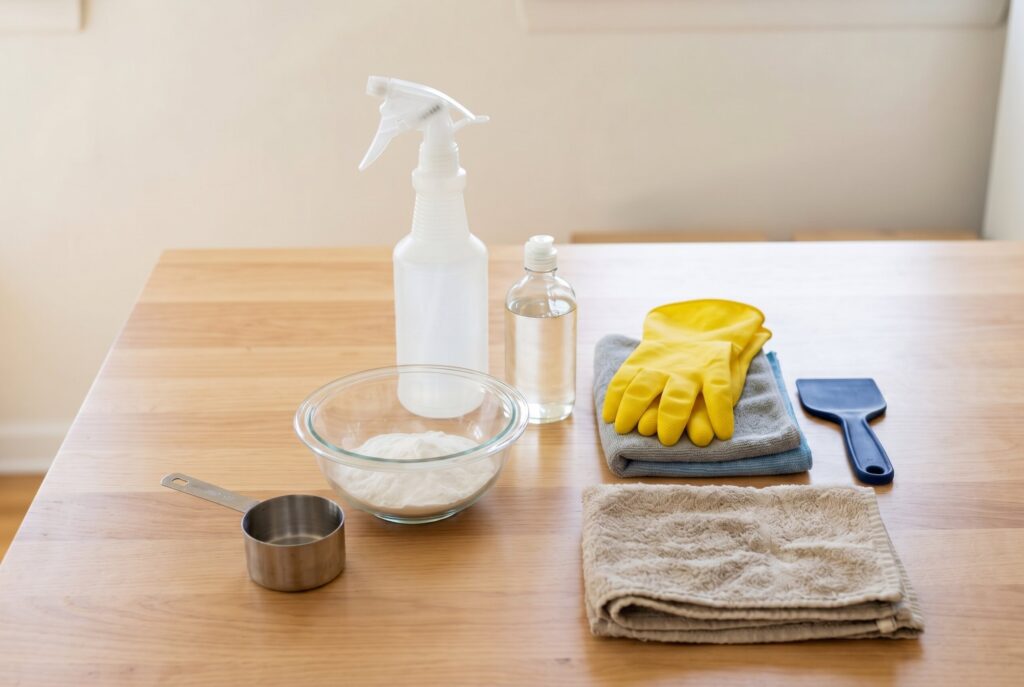 Natural oven cleaning supplies including baking soda, vinegar, dish soap, gloves, and microfiber cloths.