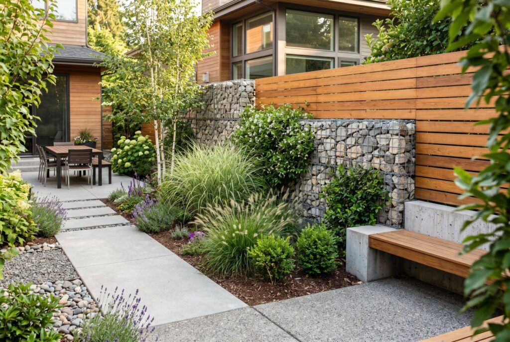 Gabion wall boundary with wood privacy fence and contemporary garden design.
