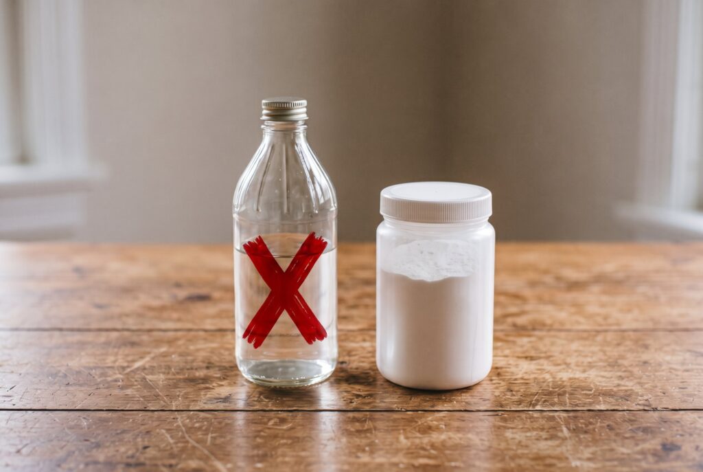 A bottle of vinegar marked with a red X beside a jar of baking soda, illustrating that mixing them reduces cleaning power.