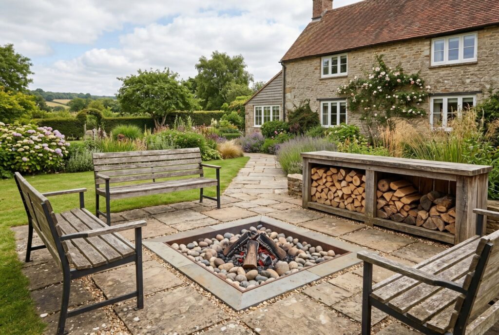 Low farmhouse patio with built in fire pit and integrated wood storage bench.