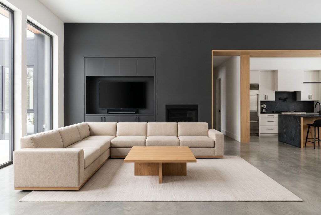 Charcoal media wall with oatmeal sectional, pale rug, and contemporary open plan layout. 