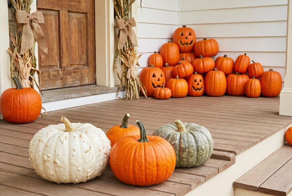 Real heirloom pumpkins paired with faux pumpkins on budget friendly fall porch.